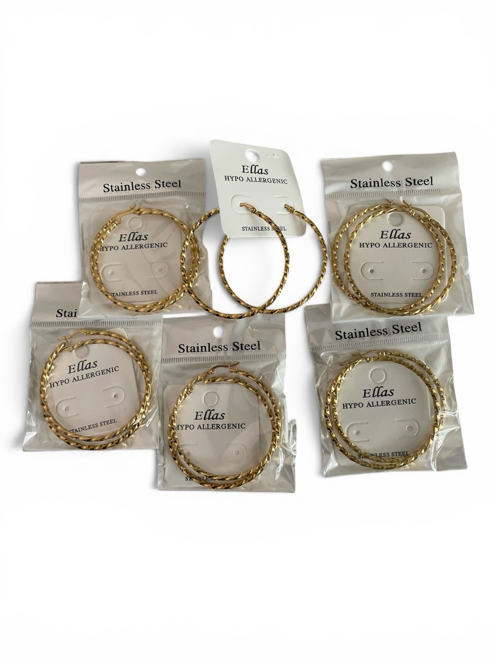 TWISTED GOLD TONE STAINLESS STEEL HOOP EARRINGS 6 PAIRS